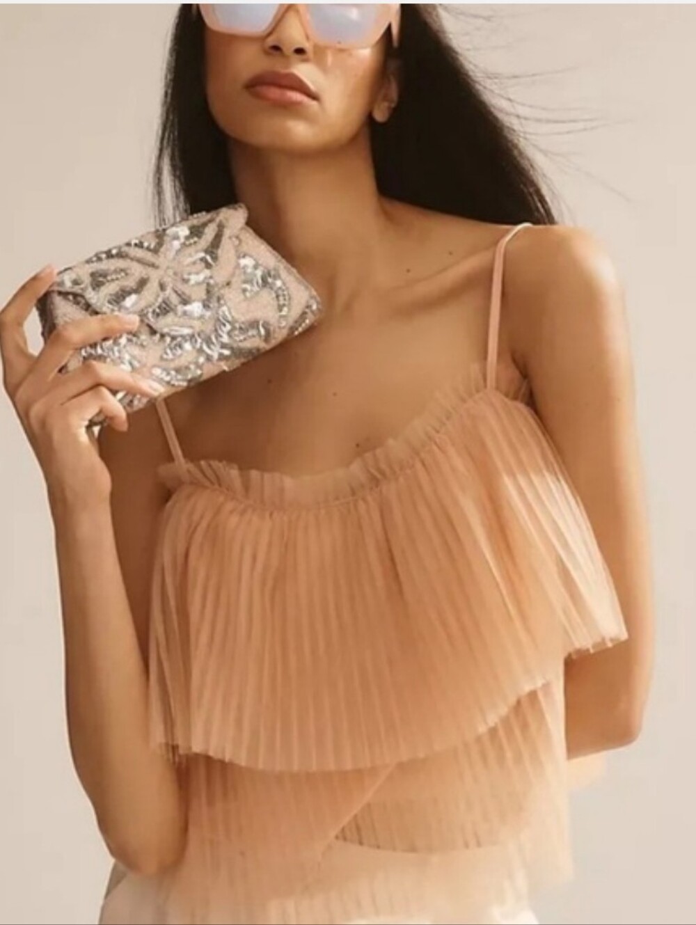 Anthropologie Pleated Ruffle Spaghetti Strap Top